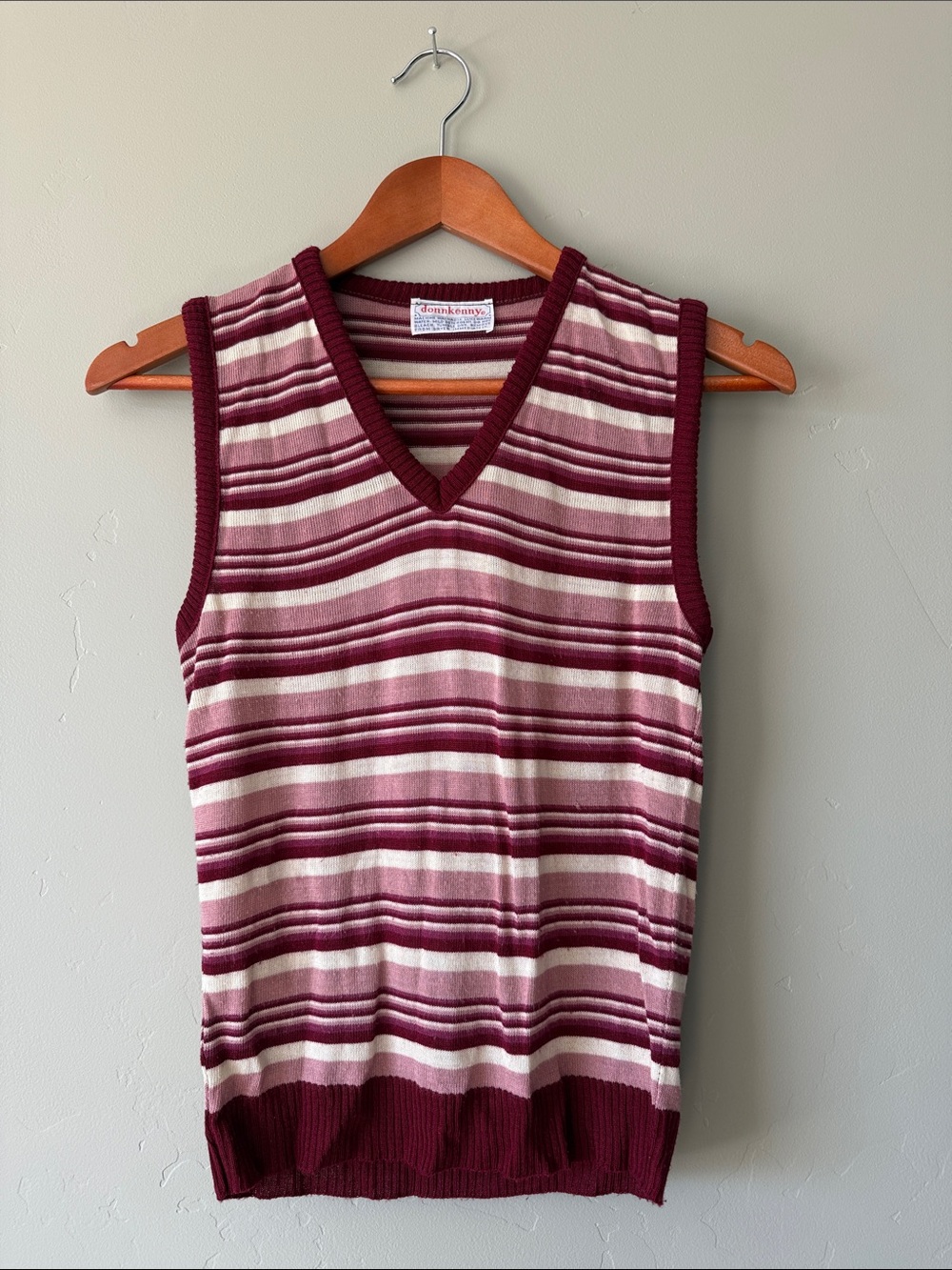 Vintage Striped V-Neck sweater Tank Top in Burgundy & Cream